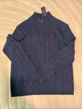 Polo by Ralph Lauren Navy Cable-Knit Quarter-Zip Sweater with Red Pony